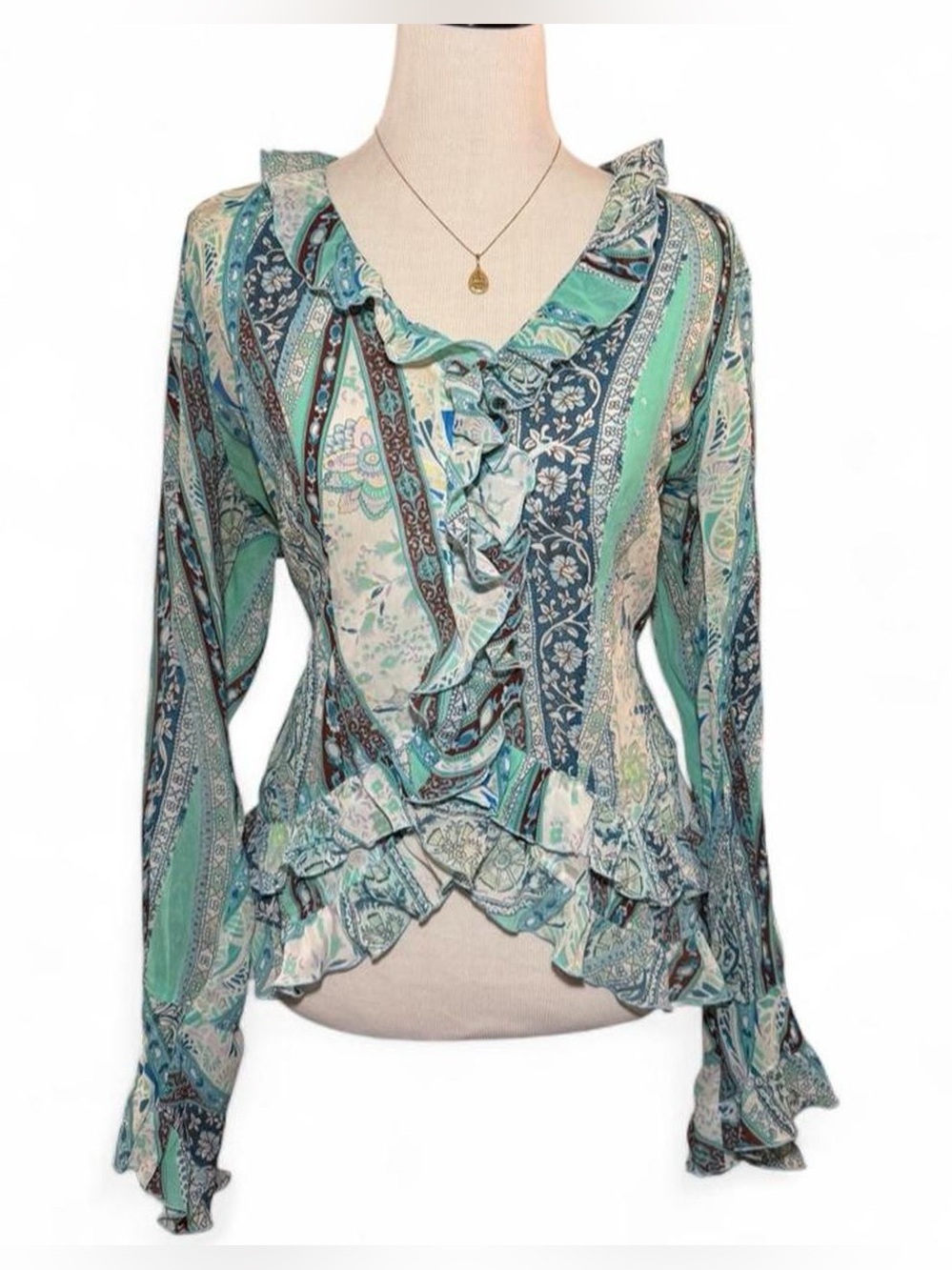 Y2K Romantic Ruffle Aqua Paisley Top